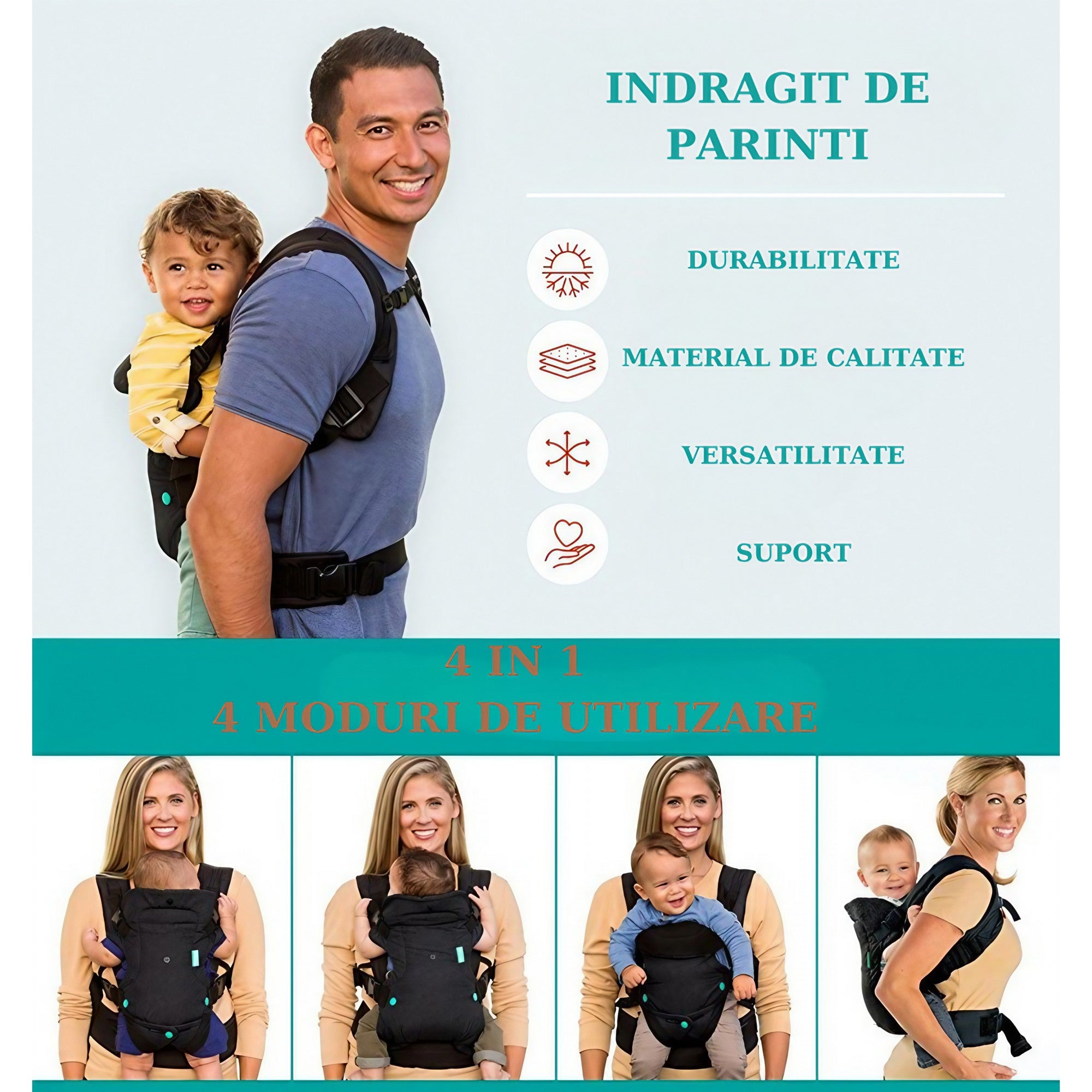 Marsupiu Ergonomic Kaveny, 4 in 1, Multifunctional, 4 Pozitii, 6-36 Luni, 3.5kg - 15 kg, Negru