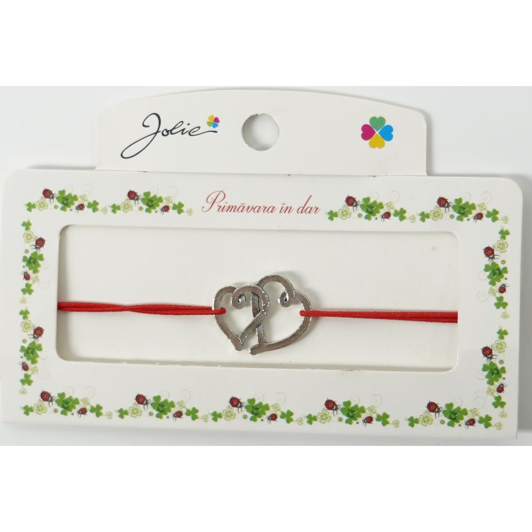 Martisor Bratara cu 2 Noduri Elastica, Jolie, Snur Rosu, Model Doua Inimi