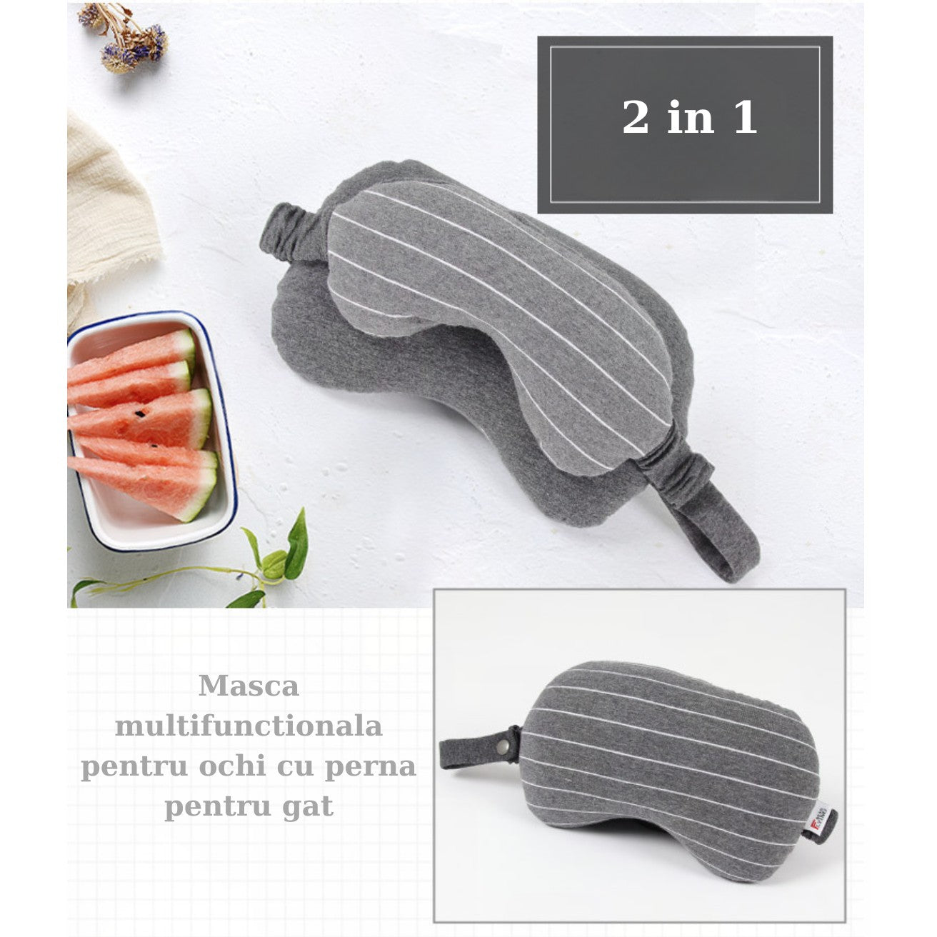 Masca de dormit, Kadeny, 2 in 1, cu Tetiera, din Particule de Spuma si Bumbac, Gri Inchis