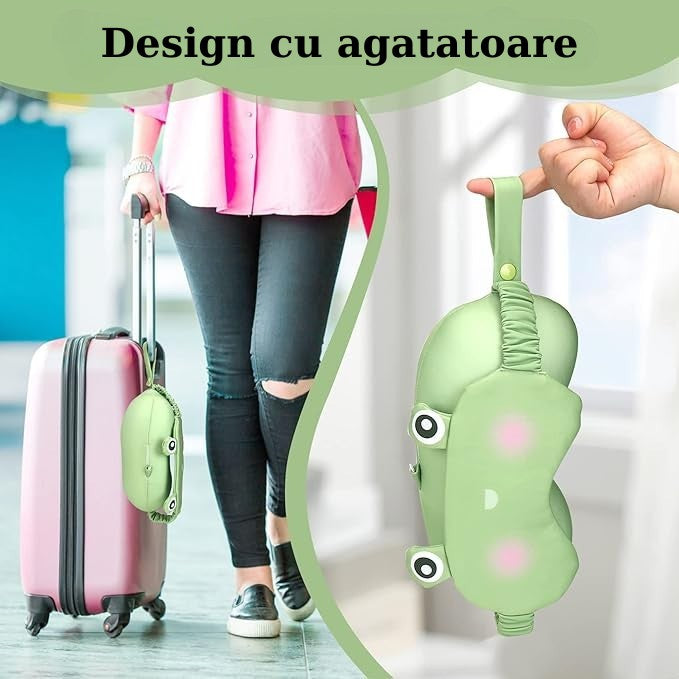 Masca de dormit, Kadeny, 2 in 1, cu Tetiera, din Particule de Spuma si Bumbac, Model Broasca ,Verde