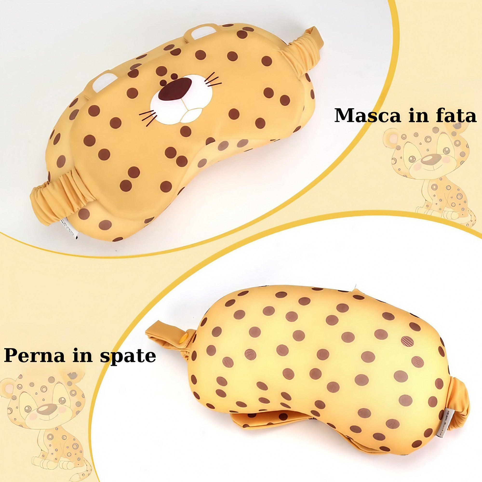 Masca de dormit, Kadeny, 2 in 1, cu Tetiera, din Particule de Spuma si Bumbac, Model Leopard ,Portocaliu