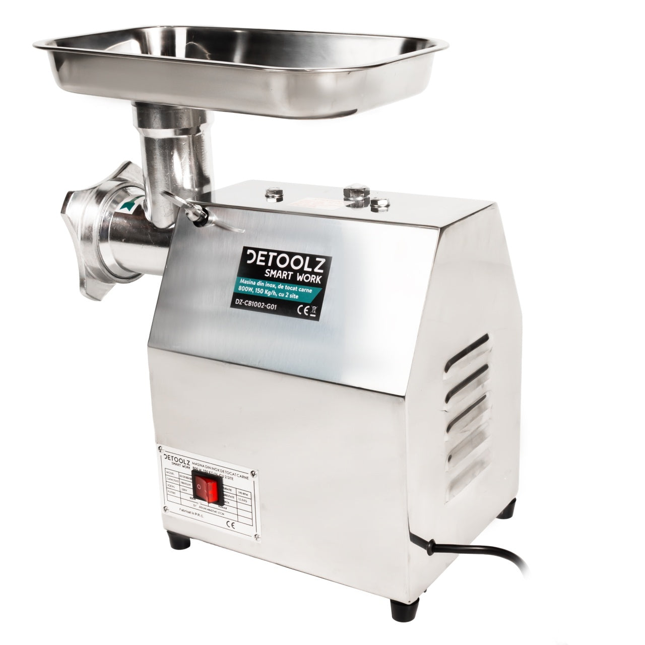 Masina tocat carne Detoolz, 800W, 150 kg/h Inox cu 2 site
