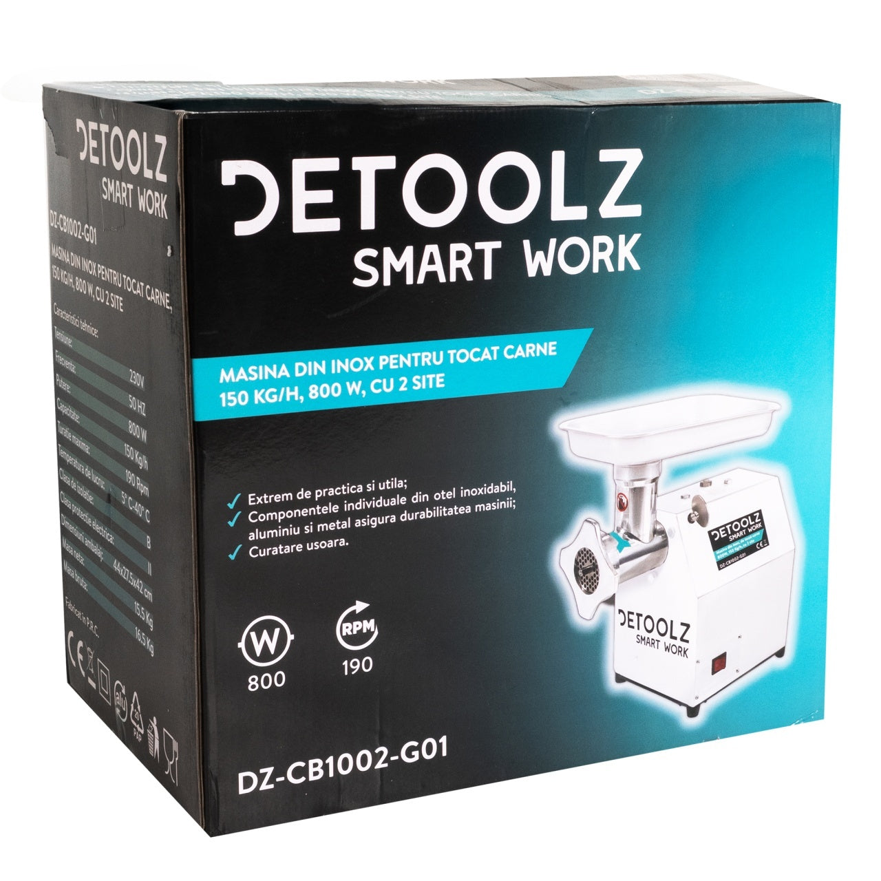 Masina tocat carne Detoolz, 800W, 150 kg/h Inox cu 2 site