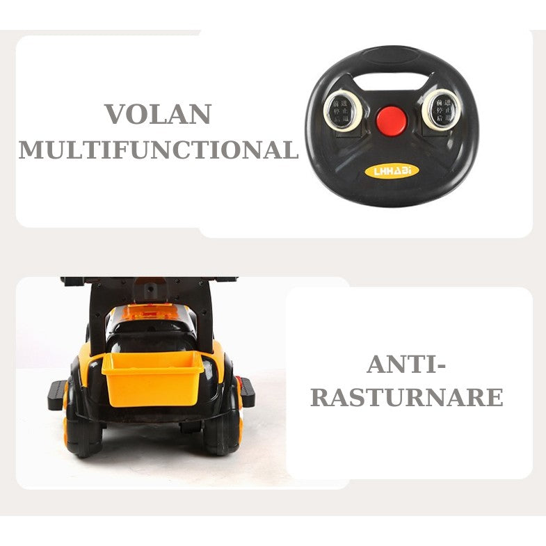 Masinuta Electrica Kaveny, Tip Excavator, Brat Electric cu Maneta de Control, Spatar si Bare Laterale, Sistem Muzica si Lumini, 2-7 Ani, 72 x 34 x 45 cm, Portocaliu