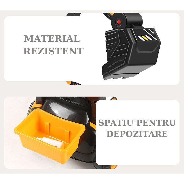 Masinuta Electrica Kaveny, Tip Excavator, Brat Electric cu Maneta de Control, Spatar si Bare Laterale, Sistem Muzica si Lumini, 2-7 Ani, 72 x 34 x 45 cm, Portocaliu