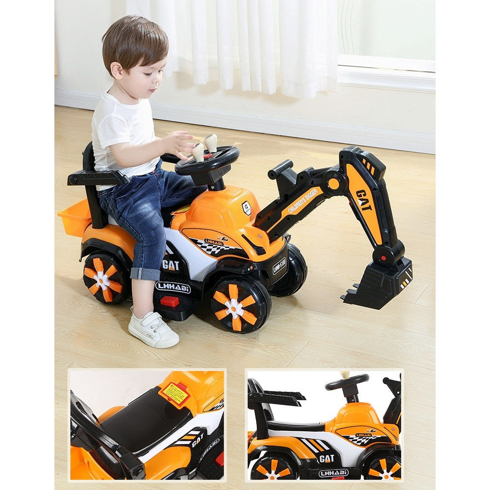 Masinuta Electrica Kaveny, Tip Excavator, Brat Electric cu Maneta de Control, Spatar si Bare Laterale, Sistem Muzica si Lumini, 2-7 Ani, 72 x 34 x 45 cm, Portocaliu