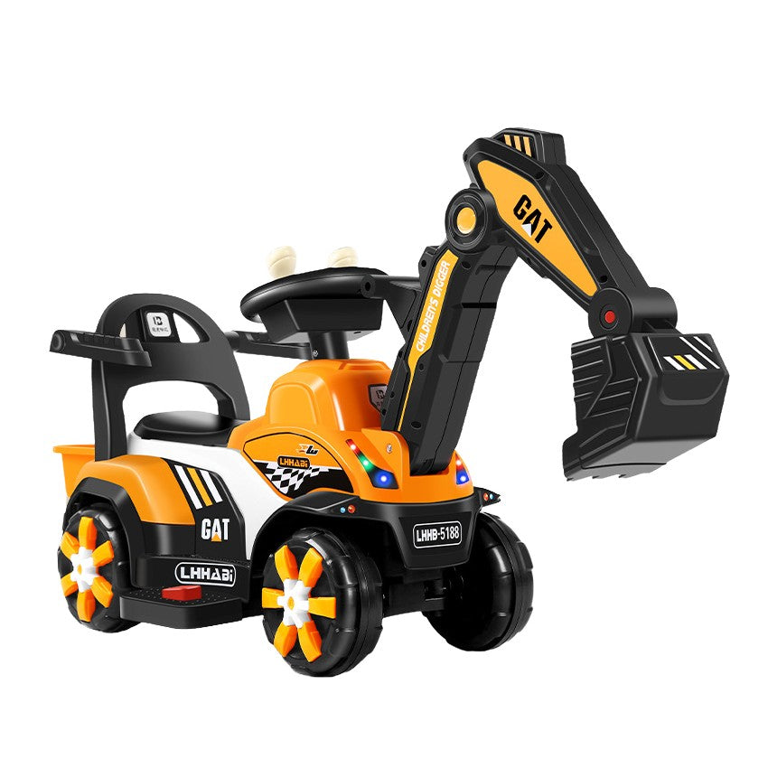 Masinuta Electrica Kaveny, Tip Excavator, Brat Electric cu Maneta de Control, Spatar si Bare Laterale, Sistem Muzica si Lumini, 2-7 Ani, 72 x 34 x 45 cm, Portocaliu