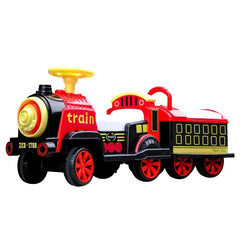Masinuta Electrica Kaveny, Tip Trenulet cu Vagon Detasabil, Pentru 2 Persoane,cu Telecomanda, Lumini si Sunete, Locomotiva cu Vapori de Abur, 1-6 Ani, 46 x 33 x 72 cm, Rosu