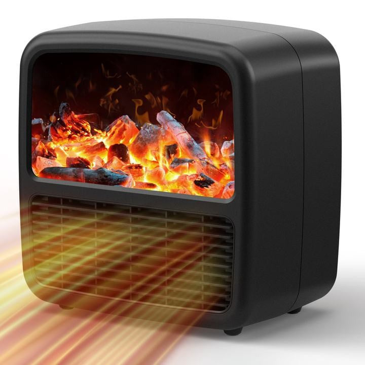 Mini Aeroterma Portabila, Kaveny, Display LCD, Flacara Tip Semineu, 1500W, 2 Trepte, Oprire Automata, 22 x 22 x 15 cm, Negru