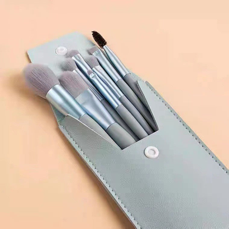 Mini set portabil 8 pensule de machiaj cu husa albastra, Kaveny