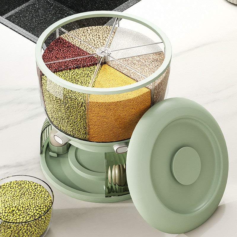 Dozator Etajat de Cereale Kadeny, Rotativ 360, 6 Compartimente, Capacitate 10L, Cofraj Special pentru Oua, Vas pentru Scurgerea Cerealelor, 35x27.5 cm, Verde