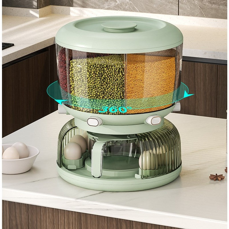 Dozator Etajat de Cereale Kadeny, Rotativ 360, 6 Compartimente, Capacitate 10L, Cofraj Special pentru Oua, Vas pentru Scurgerea Cerealelor, 35x27.5 cm, Verde
