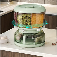 Dozator Etajat de Cereale Kadeny, Rotativ 360, 6 Compartimente, Capacitate 10L, Cofraj Special pentru Oua, Vas pentru Scurgerea Cerealelor, 35x27.5 cm, Verde