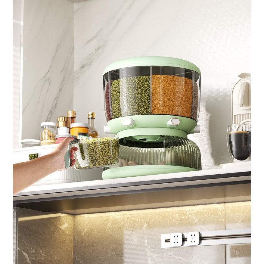 Dozator Etajat de Cereale Kadeny, Rotativ 360, 6 Compartimente, Capacitate 10L, Cofraj Special pentru Oua, Vas pentru Scurgerea Cerealelor, 35x27.5 cm, Verde