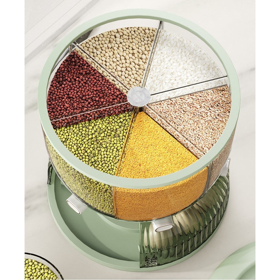 Dozator Etajat de Cereale Kadeny, Rotativ 360, 6 Compartimente, Capacitate 10L, Cofraj Special pentru Oua, Vas pentru Scurgerea Cerealelor, 35x27.5 cm, Verde