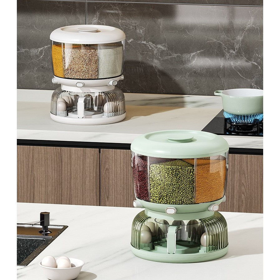 Dozator Etajat de Cereale Kadeny, Rotativ 360, 6 Compartimente, Capacitate 10L, Cofraj Special pentru Oua, Vas pentru Scurgerea Cerealelor, 35x27.5 cm, Verde