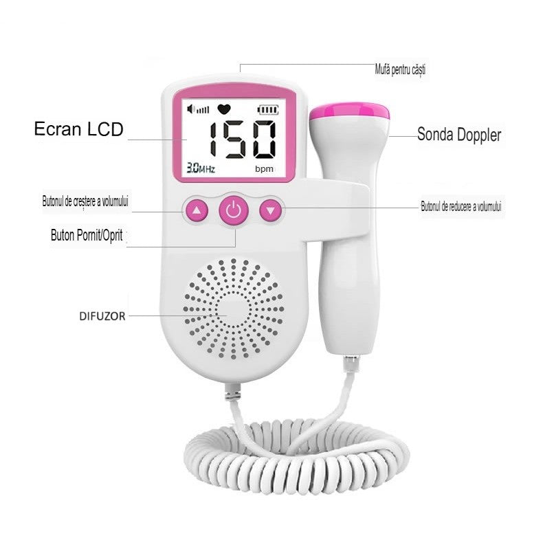 Monitor Fetal Doppler, Kaveny, Monitorizare Sarcina, Ritm Cardiac, Ecran LCD 4.5 cm, 2 x Baterii AA (neincluse), Portabil, din ABS, 12.8 x 9.6 x 3 cm, Utilizare de la 9 Saptamani, Roz