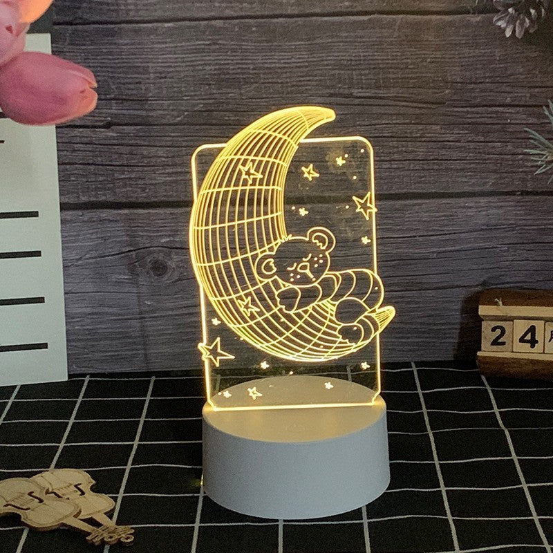 Lampa LED decorativa, Kaveny, 3D, Ursulet si Semiluna, cu telecomanda, doua moduri de alimentare USB si baterii, 20 cm inaltime, din material acril si lumina multicolora, alb