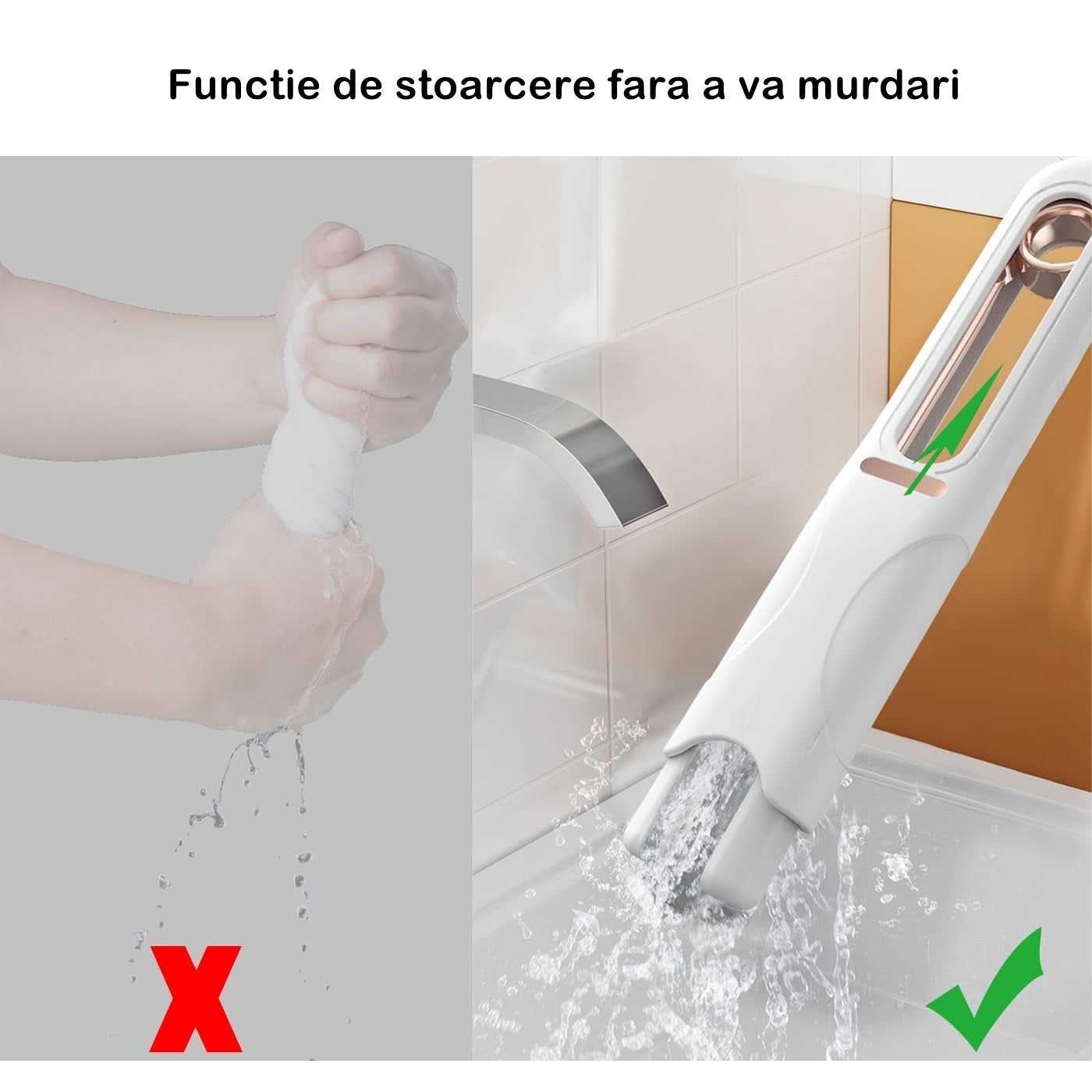 Mop de mana Kaveny, mini-portabil, cu sistem de stoarcere, dispozitiv de curatat manual, cu burete absorbant, material PVA, multisuprafete si geamuri, 29.5 x 15.5 cm, alb