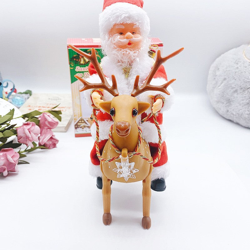 Decoratiune Mos Craciun, Kadeny, Animat, care Canta si Danseaza, cu Saculet, pe Ren, Imbracat Festiv, 28x21x10 cm, Rosu