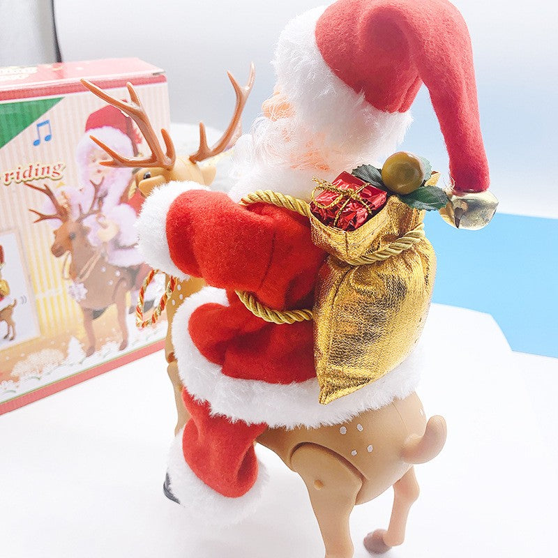 Decoratiune Mos Craciun, Kadeny, Animat, care Canta si Danseaza, cu Saculet, pe Ren, Imbracat Festiv, 28x21x10 cm, Rosu