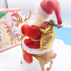 Decoratiune Mos Craciun, Kadeny, Animat, care Canta si Danseaza, cu Saculet, pe Ren, Imbracat Festiv, 28x21x10 cm, Rosu