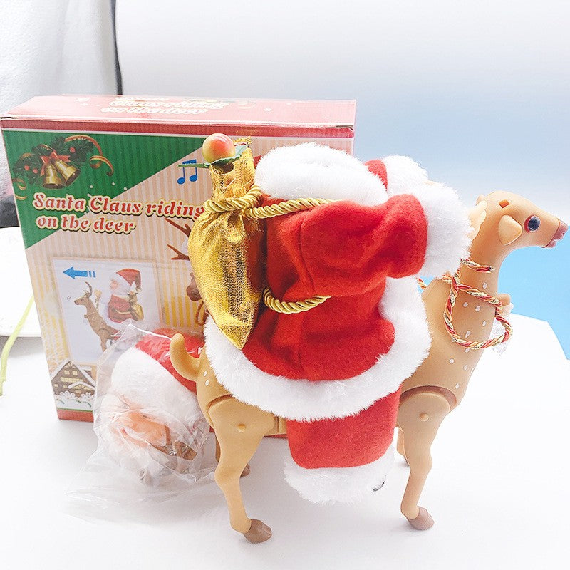 Decoratiune Mos Craciun, Kadeny, Animat, care Canta si Danseaza, cu Saculet, pe Ren, Imbracat Festiv, 28x21x10 cm, Rosu
