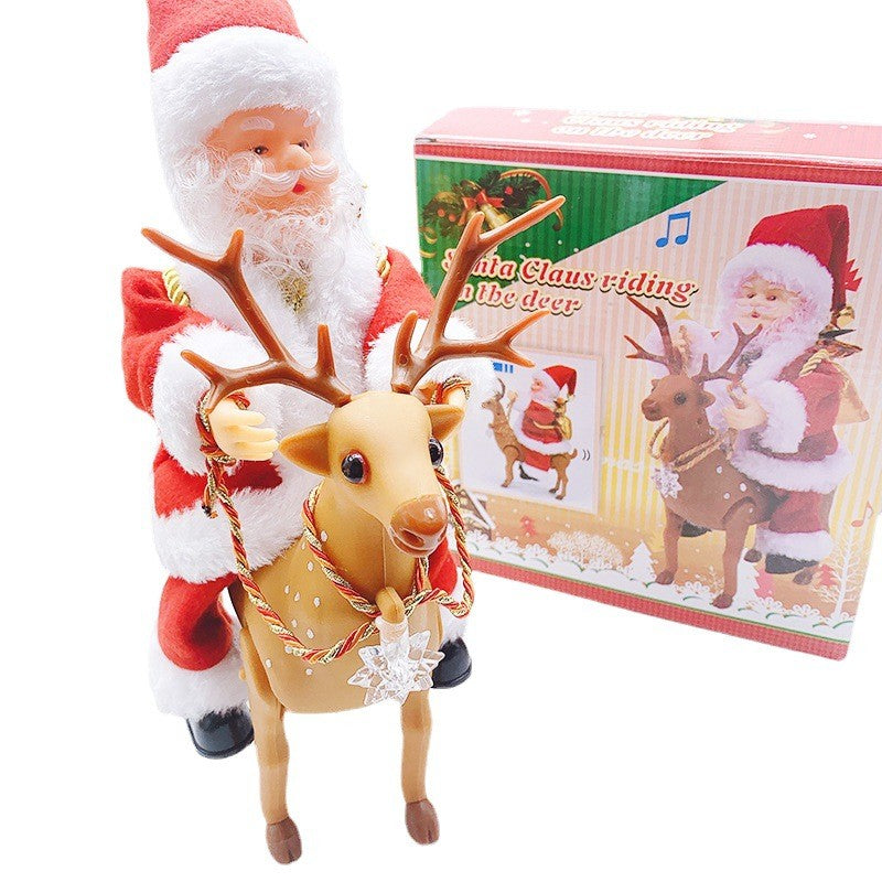 Decoratiune Mos Craciun, Kadeny, Animat, care Canta si Danseaza, cu Saculet, pe Ren, Imbracat Festiv, 28x21x10 cm, Rosu