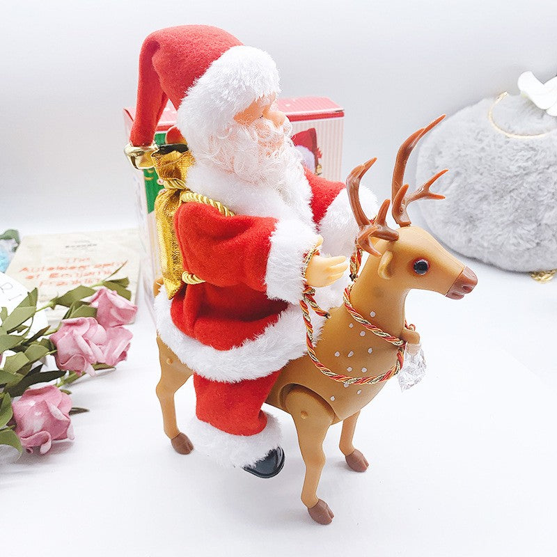 Decoratiune Mos Craciun, Kadeny, Animat, care Canta si Danseaza, cu Saculet, pe Ren, Imbracat Festiv, 28x21x10 cm, Rosu