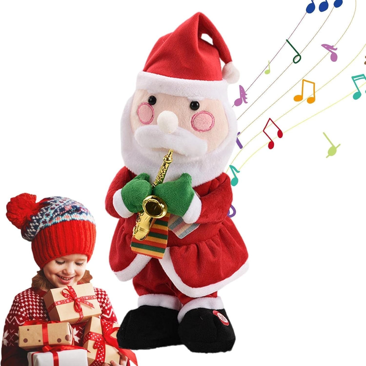 Decoratiune Mos Craciun, Kaveny, Animat, care Canta si Danseaza, cu Saxofon, Imbracat Festiv, 25 cm Inaltime, Rosu