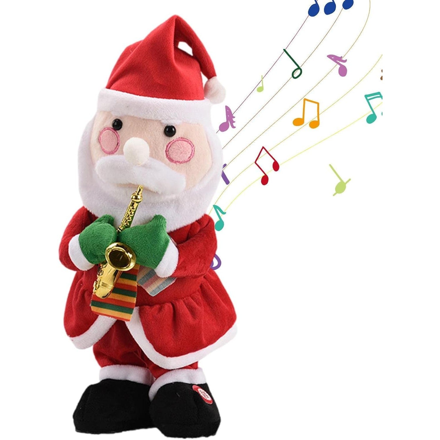 Decoratiune Mos Craciun, Kaveny, Animat, care Canta si Danseaza, cu Saxofon, Imbracat Festiv, 25 cm Inaltime, Rosu