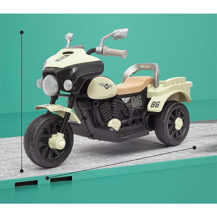Motocicleta Electrica Kaveny, cu Acumulator, cu Sistem Anti-Rasturnare, Sistem de Lumini si Muzica, Cutie de Depozitare, 1-8 Ani, 93 x 43 x 58 cm, Alb - Bej
