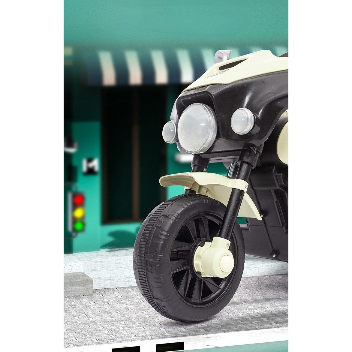 Motocicleta Electrica Kaveny, cu Acumulator, cu Sistem Anti-Rasturnare, Sistem de Lumini si Muzica, Cutie de Depozitare, 1-8 Ani, 93 x 43 x 58 cm, Alb - Bej
