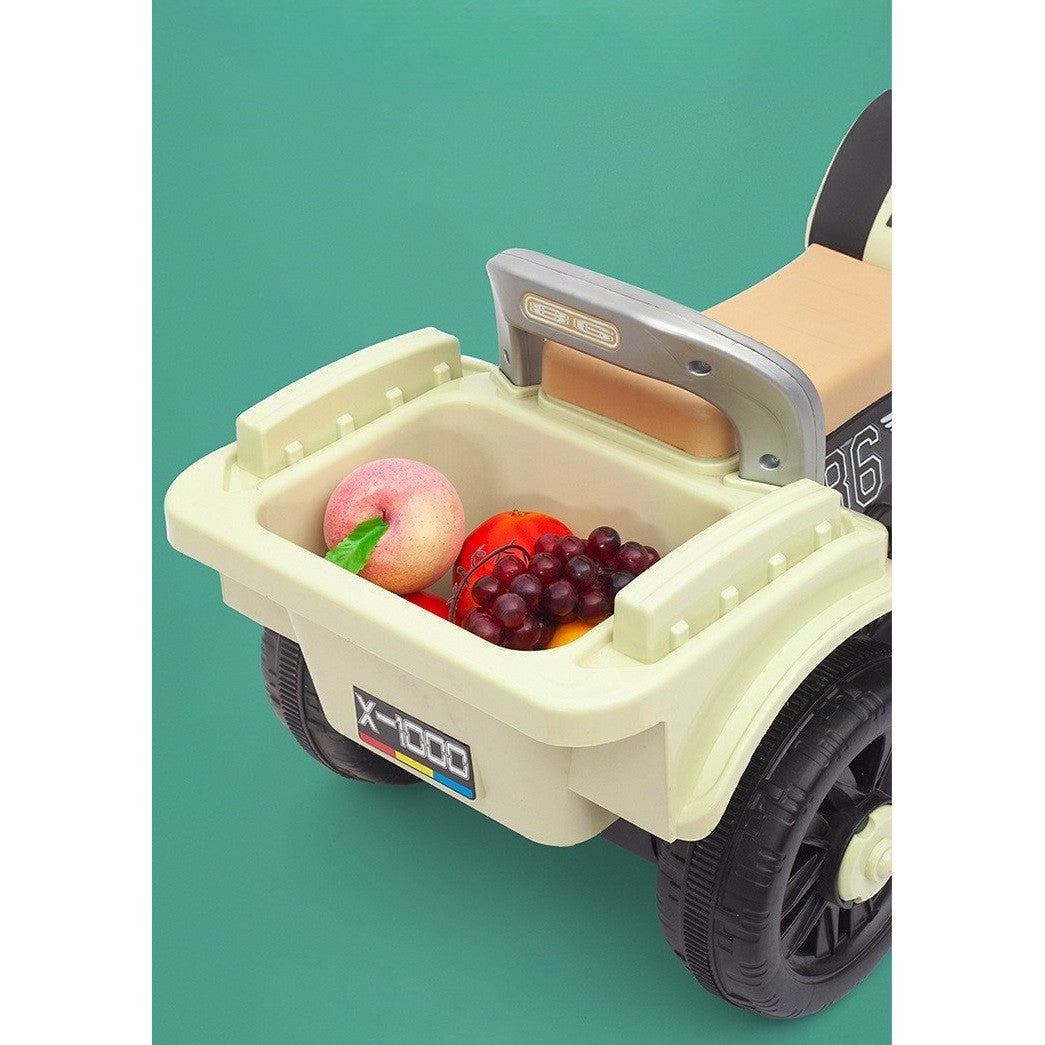 Motocicleta Electrica Kaveny, cu Acumulator, cu Sistem Anti-Rasturnare, Sistem de Lumini si Muzica, Cutie de Depozitare, 1-8 Ani, 93 x 43 x 58 cm, Alb - Bej