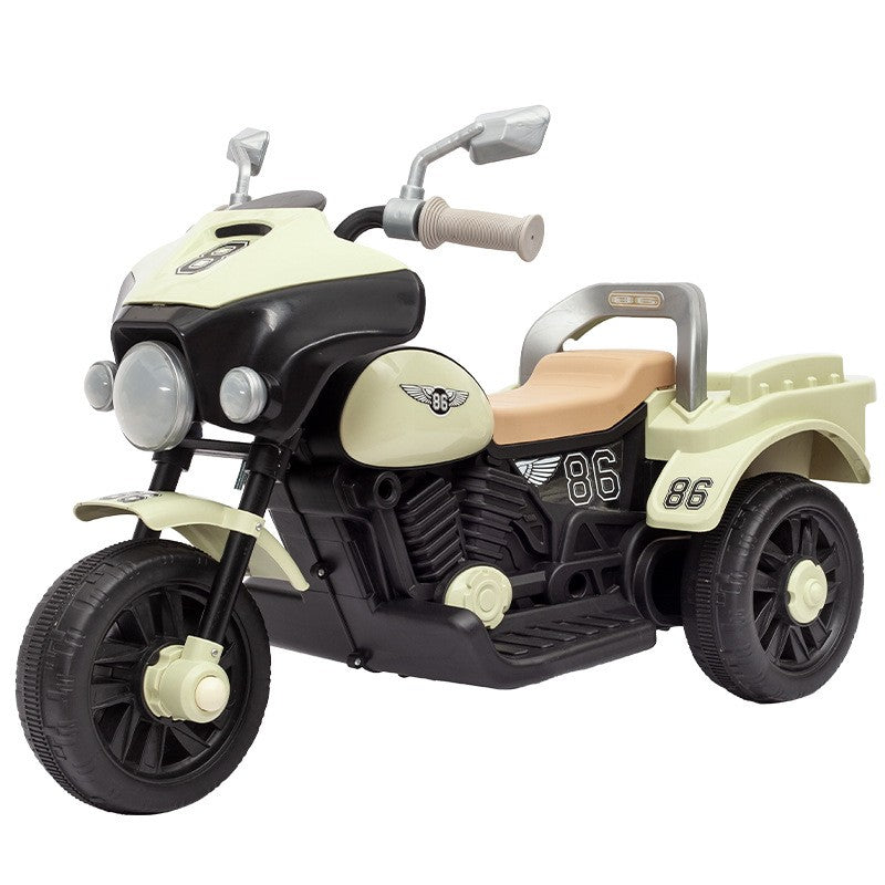Motocicleta Electrica Kaveny, cu Acumulator, cu Sistem Anti-Rasturnare, Sistem de Lumini si Muzica, Cutie de Depozitare, 1-8 Ani, 93 x 43 x 58 cm, Alb - Bej