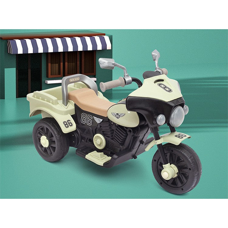 Motocicleta Electrica Kaveny, cu Acumulator, cu Sistem Anti-Rasturnare, Sistem de Lumini si Muzica, Cutie de Depozitare, 1-8 Ani, 93 x 43 x 58 cm, Alb - Bej
