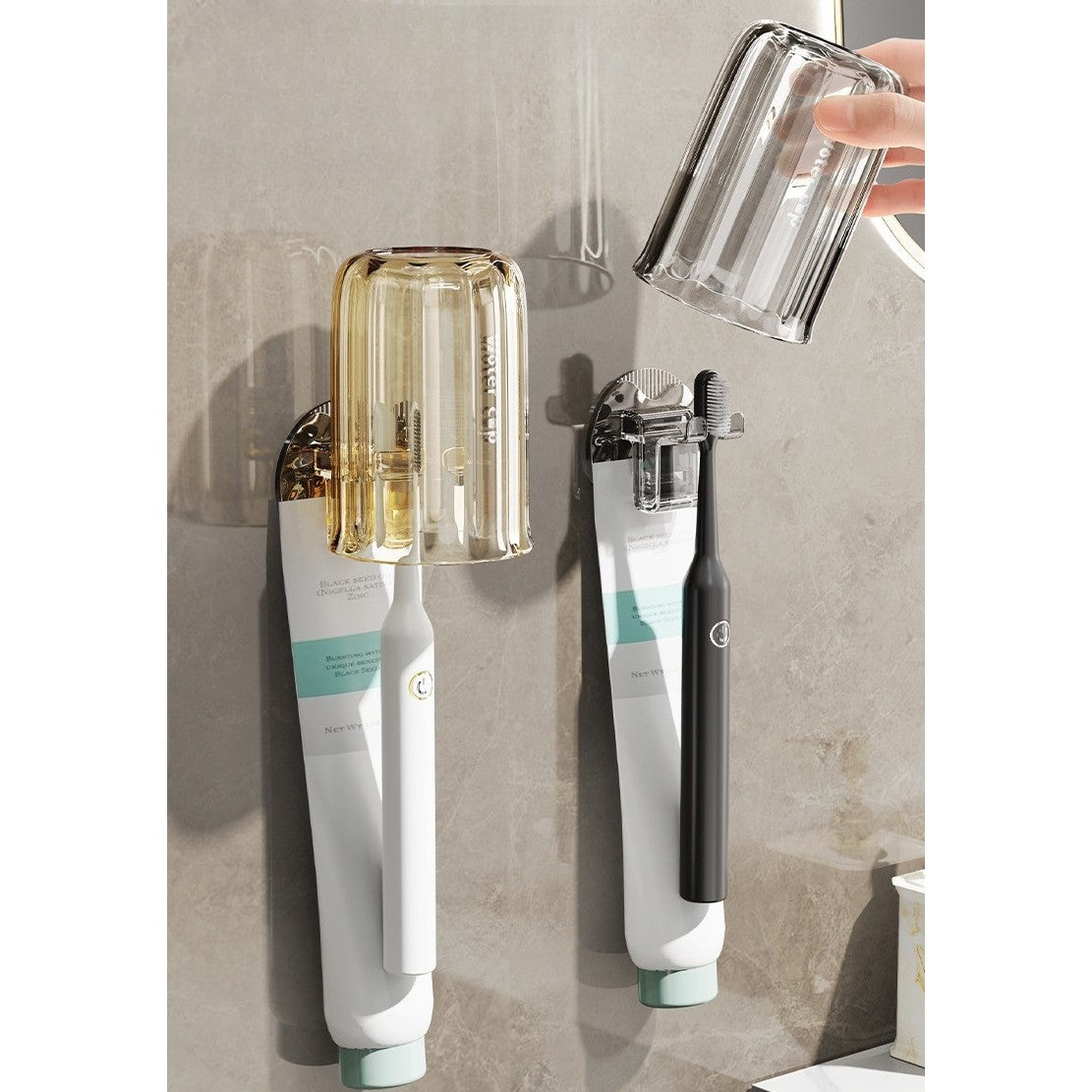 Suport Multifunctional 2 in 1, Pahar si Suport pentru Periuta de Dinti, Kadeny, Plastic, Dimensiune: 10.4 x 7.3 x 7.3 cm, Maro Galbui