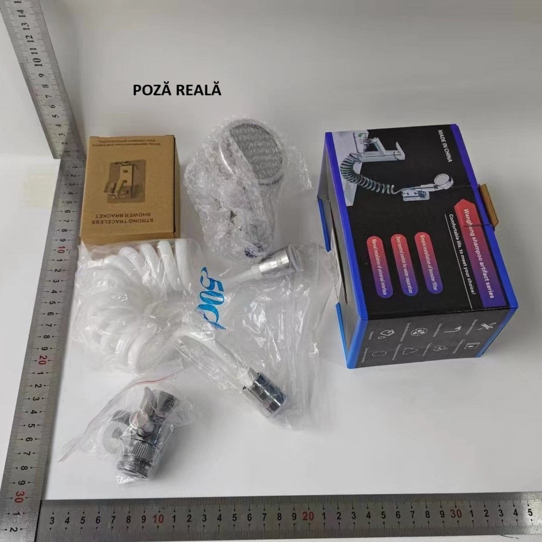 Set Extensie de Dus, Kaveny, pentru Baterie Baie sau Bucatarie, 4 Piese, Filtru de Ioni Negativi, Furtun Flexibil de 1.5 Metri, Argintiu