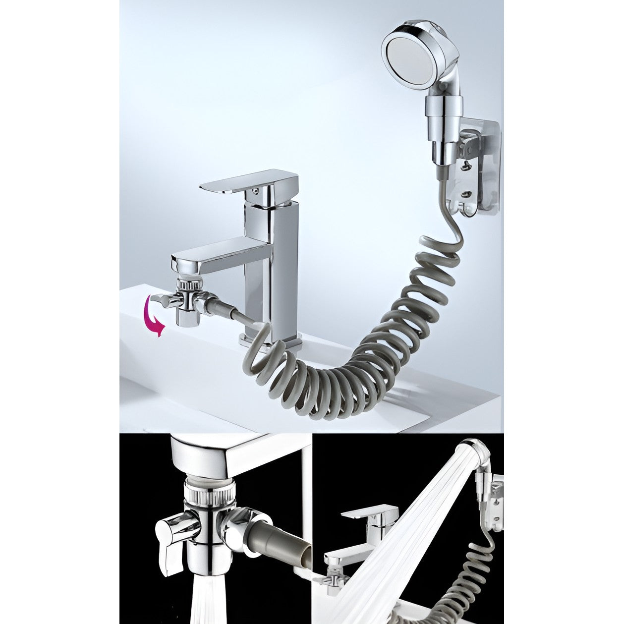 Set Extensie de Dus, Kaveny, pentru Baterie Baie sau Bucatarie, 4 Piese, Filtru de Ioni Negativi, Furtun Flexibil de 1.5 Metri, Argintiu