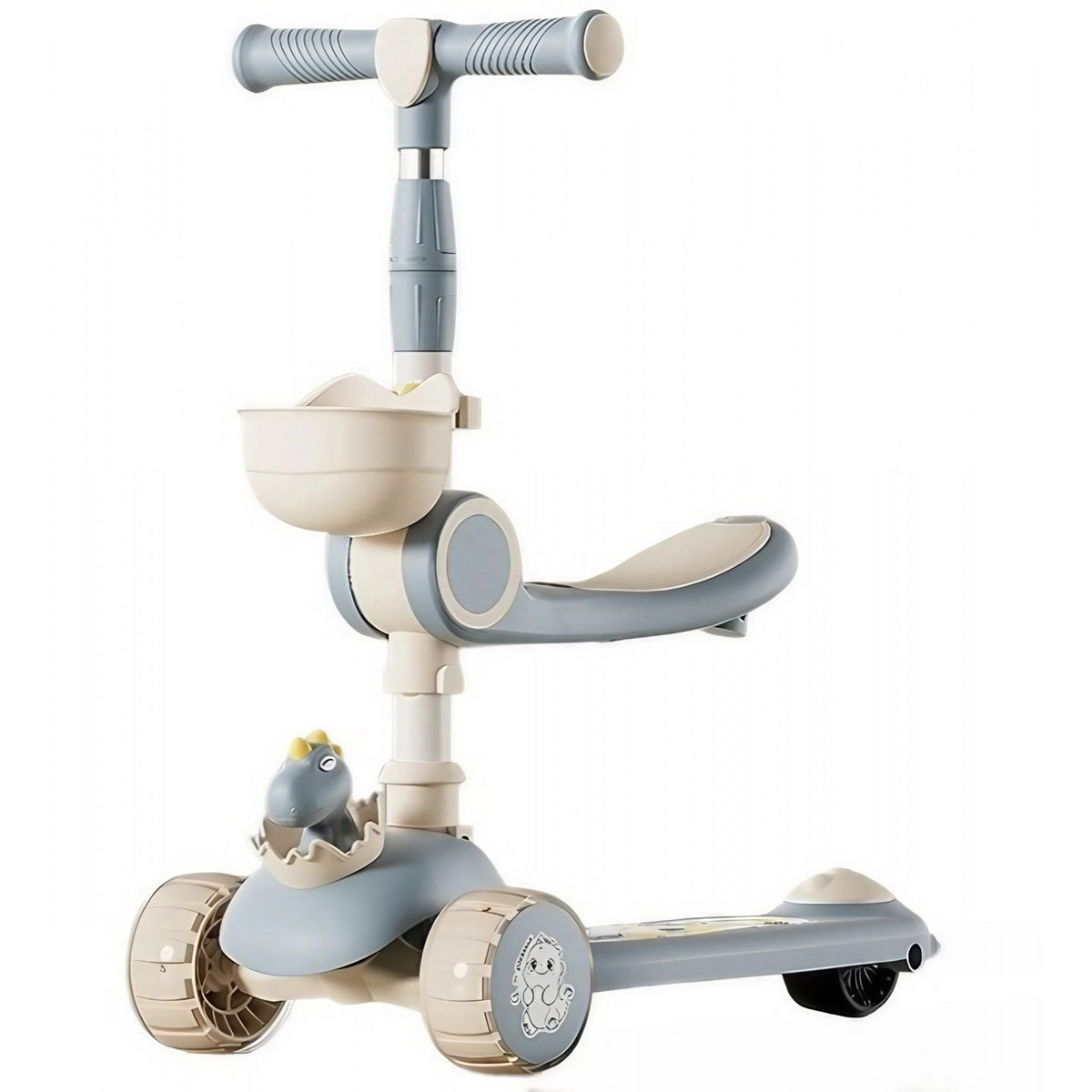 Trotineta Multifunctionala 3 in 1, Kaveny, pentru Copii, 1-7 Ani, cu Lumini si Muzica, Reglabil 360, Pliere Usoara, Reglarea Inaltimii, Model Dinozaur, Bej/Albastru