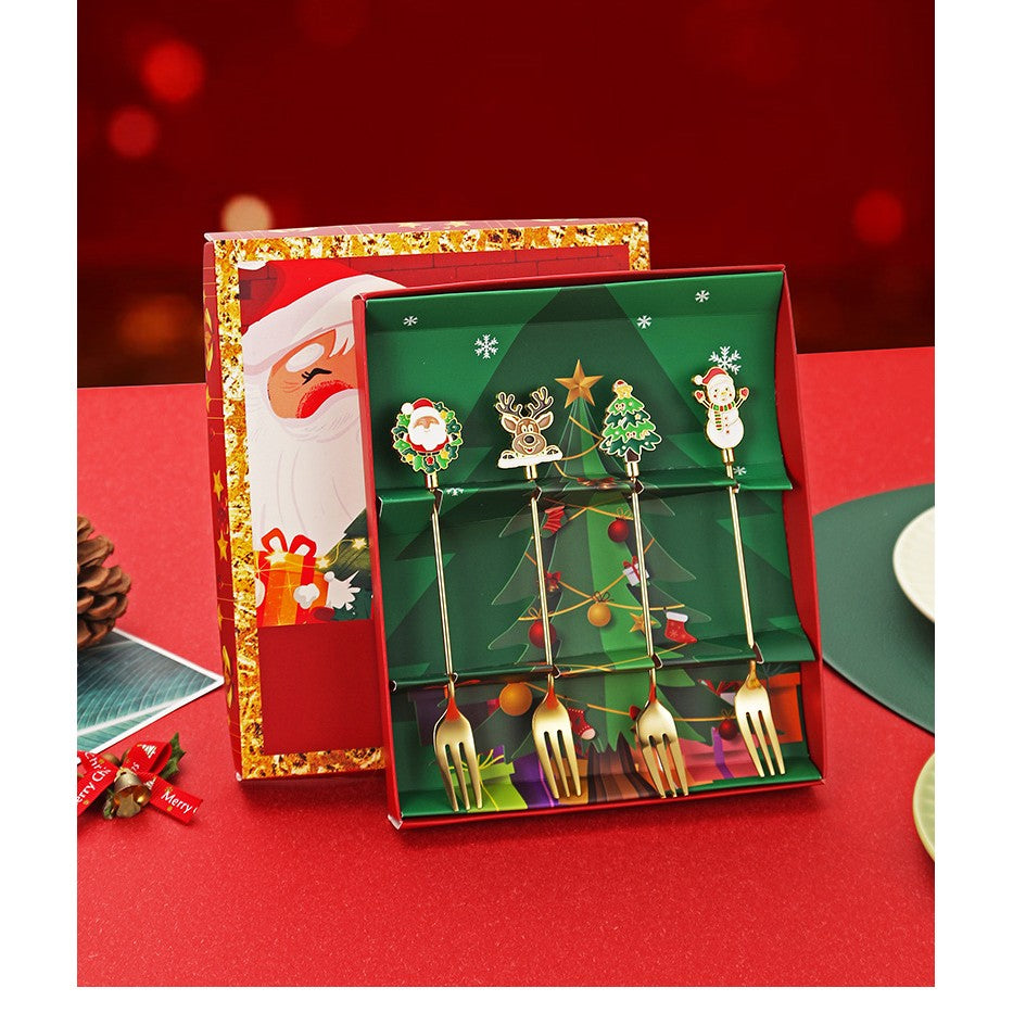 Set 4 Furculite, Kadeny, Tema Craciun, Model Carry The Merry, 4 Modele, din Otel Inoxidabil, 19.5 x 16 x 2 cm, Multicolor