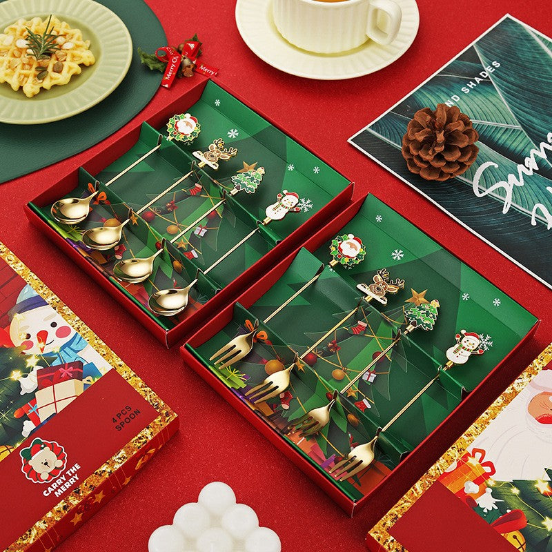 Set 4 Furculite, Kadeny, Tema Craciun, Model Carry The Merry, 4 Modele, din Otel Inoxidabil, 19.5 x 16 x 2 cm, Multicolor