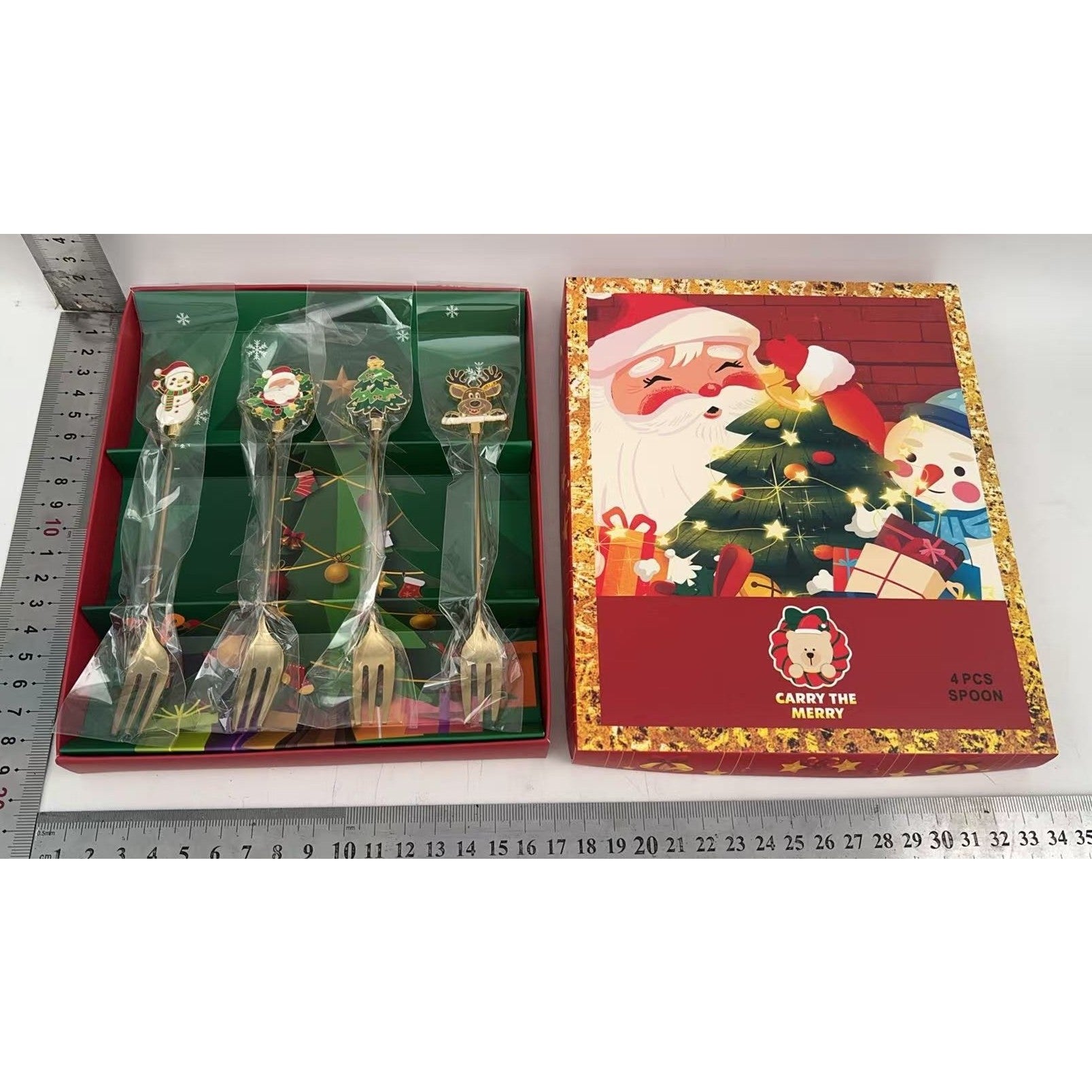 Set 4 Furculite, Kadeny, Tema Craciun, Model Carry The Merry, 4 Modele, din Otel Inoxidabil, 19.5 x 16 x 2 cm, Multicolor