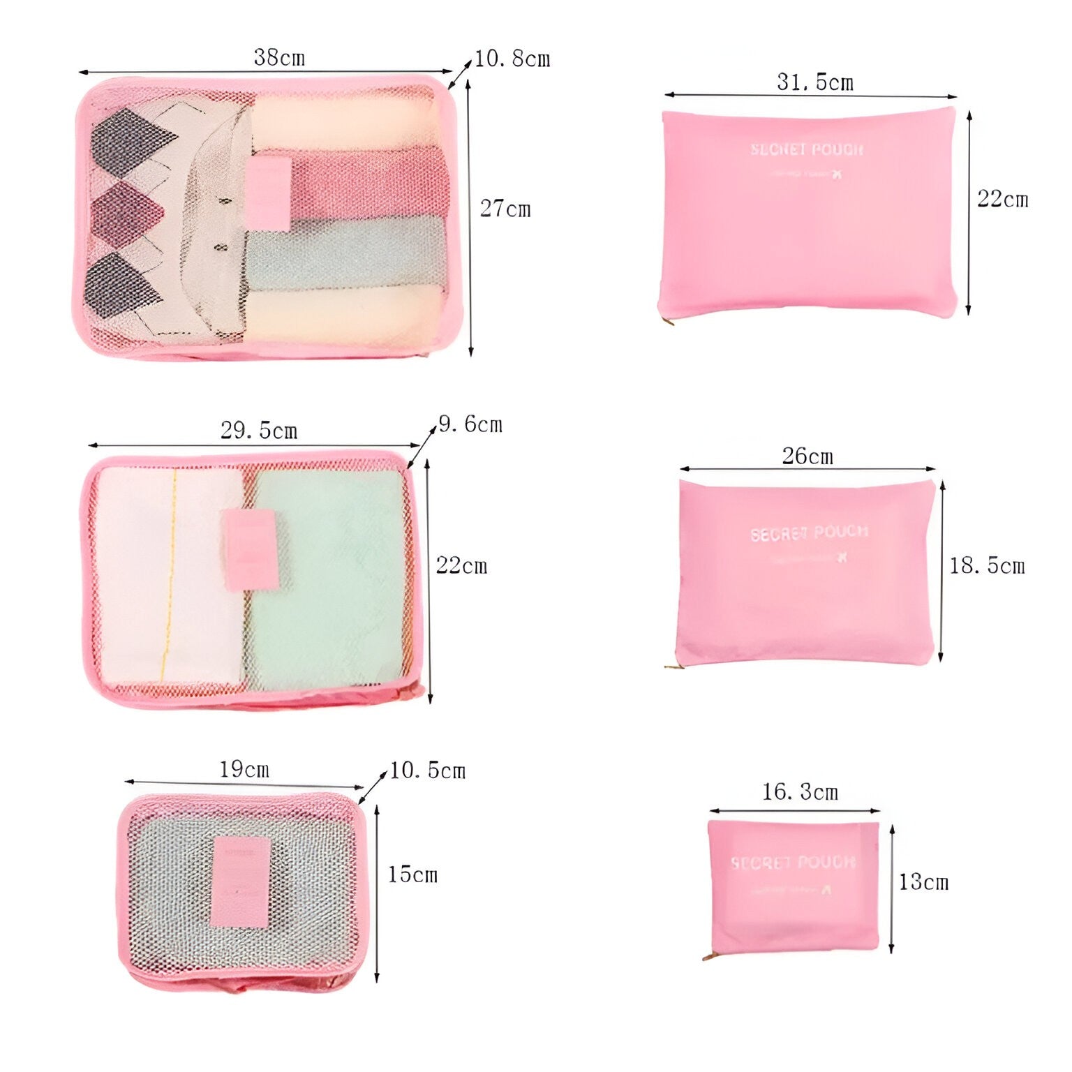 Set 6 Genti de Calatorie, Kaveny, pentru Depozitare, Impermeabile, Organizator, Multifunctionale, Design cu Plasa, Pliabile, Fermoar, Dimensiuni Diferite, Roz