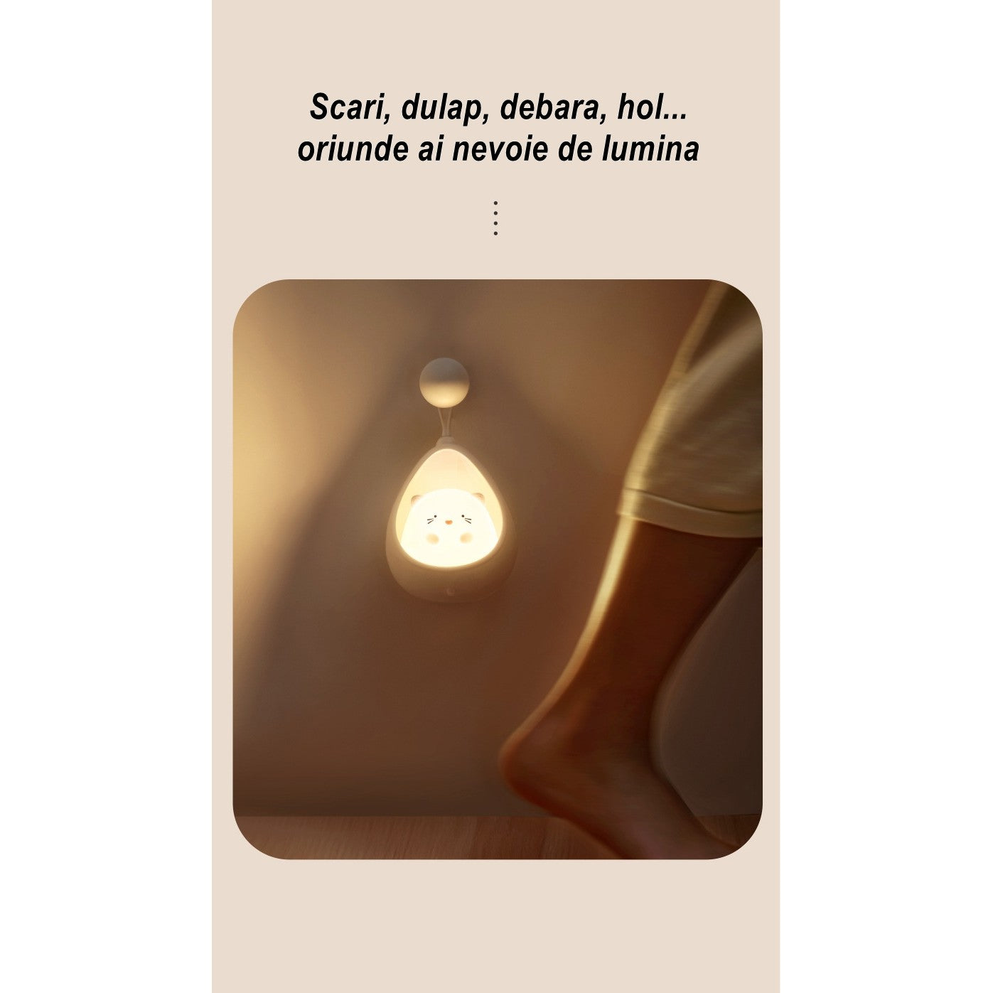 Lampa de veghe portabila cu 2 moduri de functionare Kaveny, silicon non-toxic, reincarcabila USB, senzor miscare, alb, iepuras