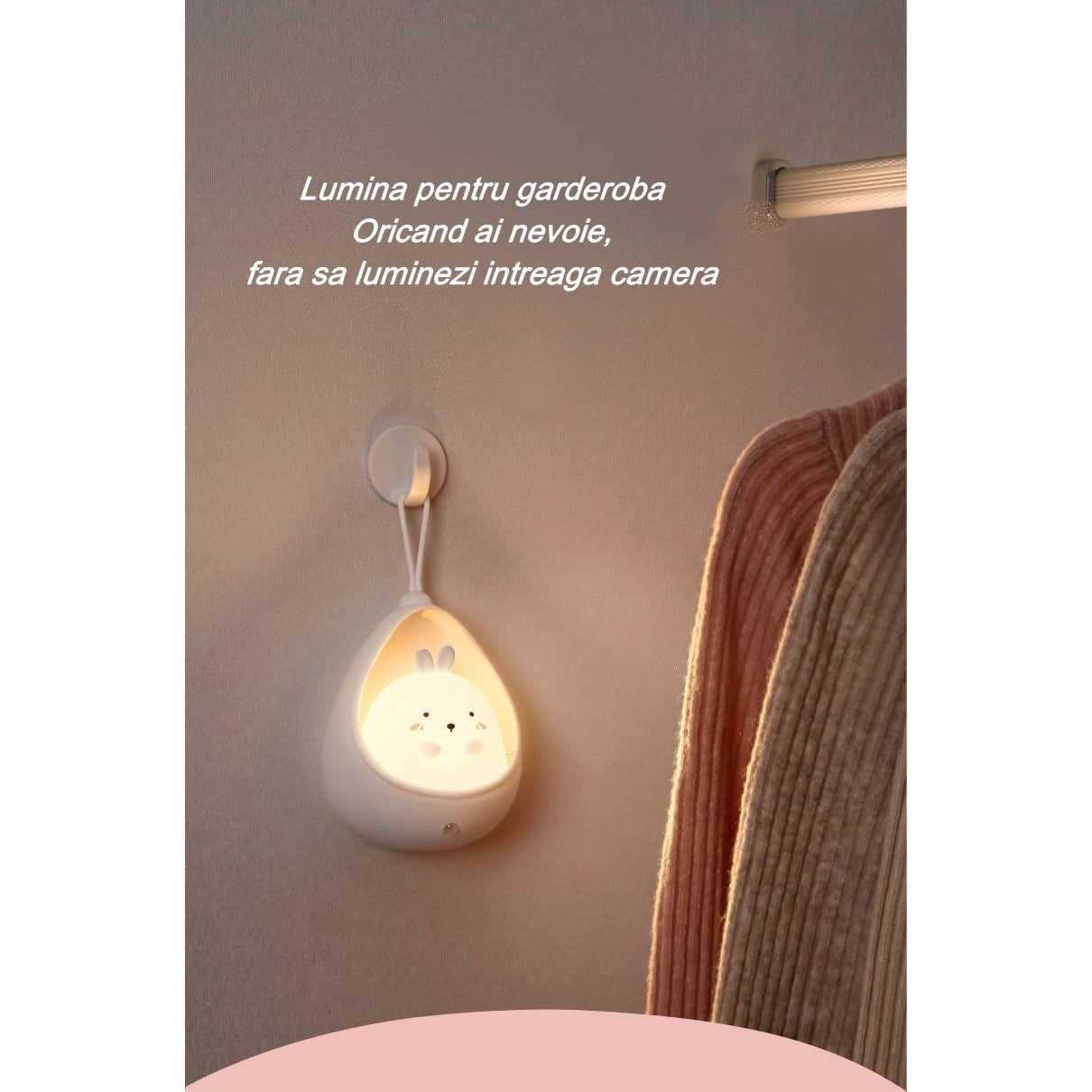 Lampa de veghe portabila cu 2 moduri de functionare Kaveny, silicon non-toxic, reincarcabila USB, senzor miscare, alb, iepuras