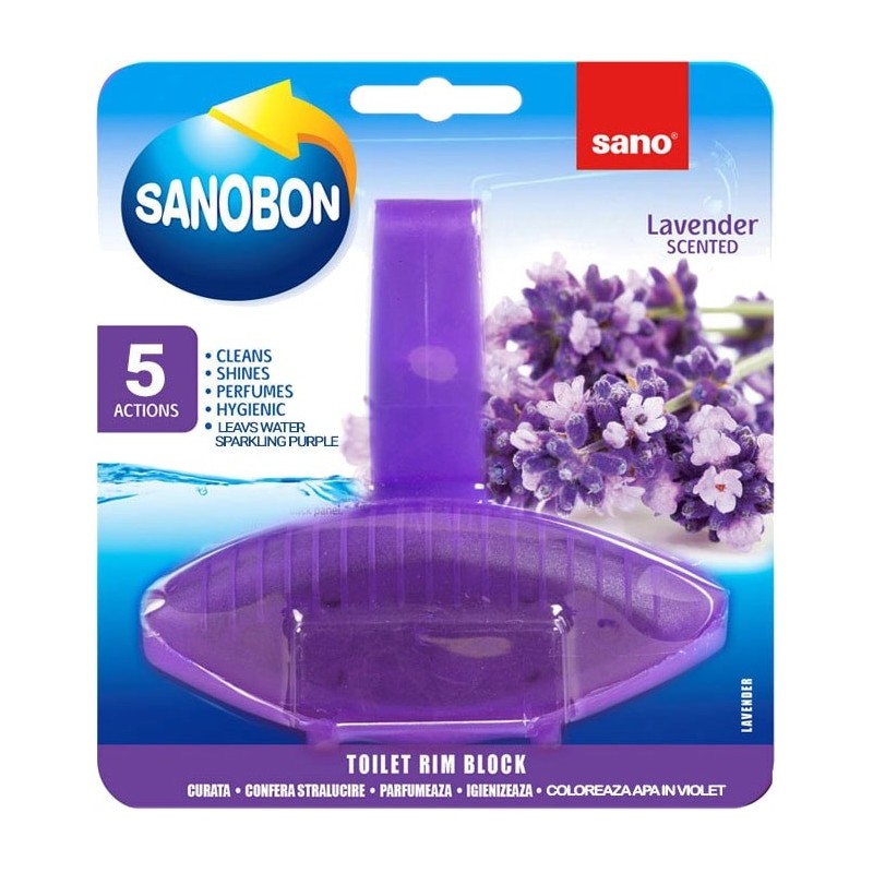 Odorizant WC Sano Bon Lavender, 55g, curata, confera stralucire, parfumeaza, igienizeaza, coloreaza apa in violet