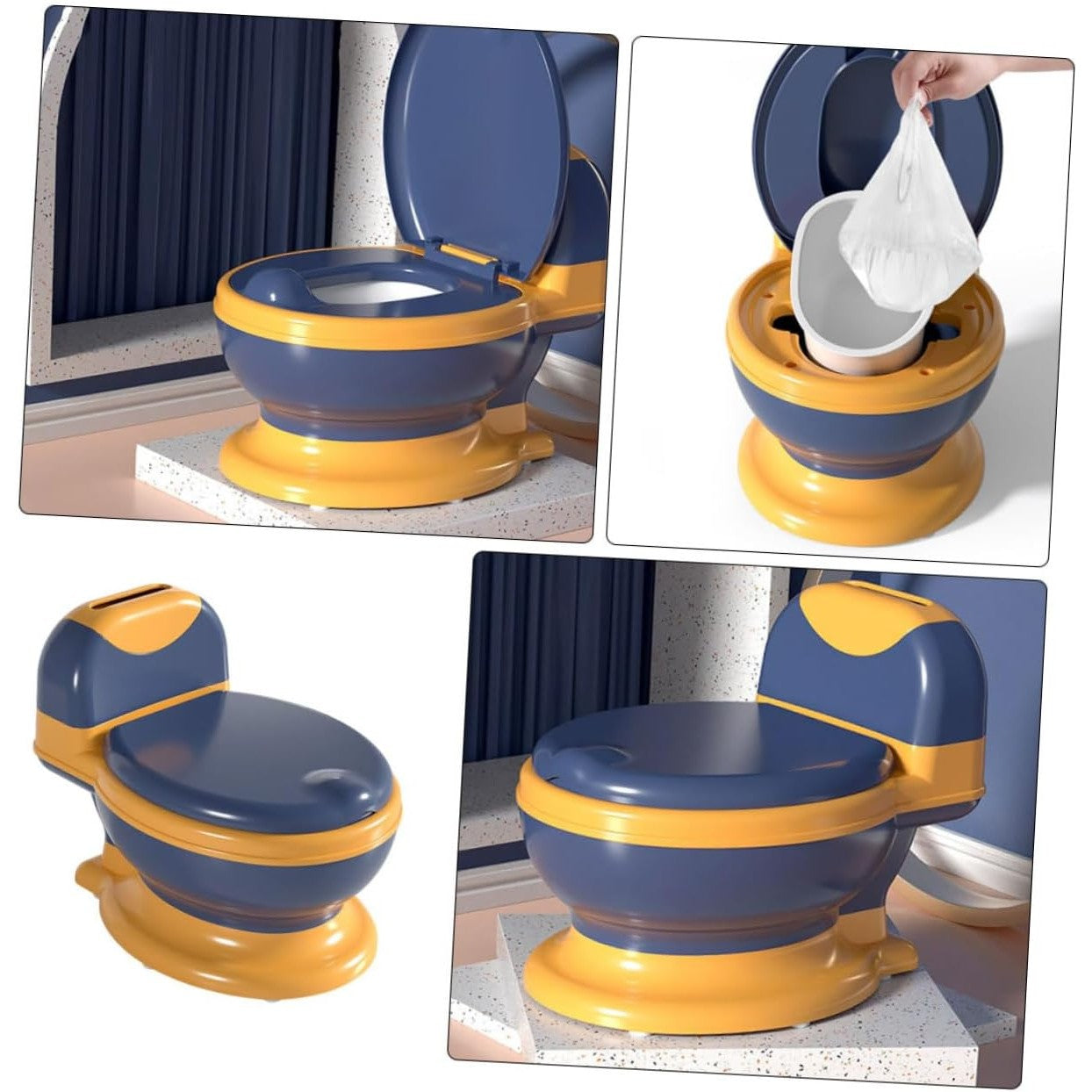 Olita Bebelusi, Kadeny, pentru Copii 1 - 8 Ani, Model Toaleta Adulti, Colac Moale PVC, Compartiment Detasabil, Cutie Depozitare Hartie, 34 x 32 x 19 cm, Albastru/Portocaliu