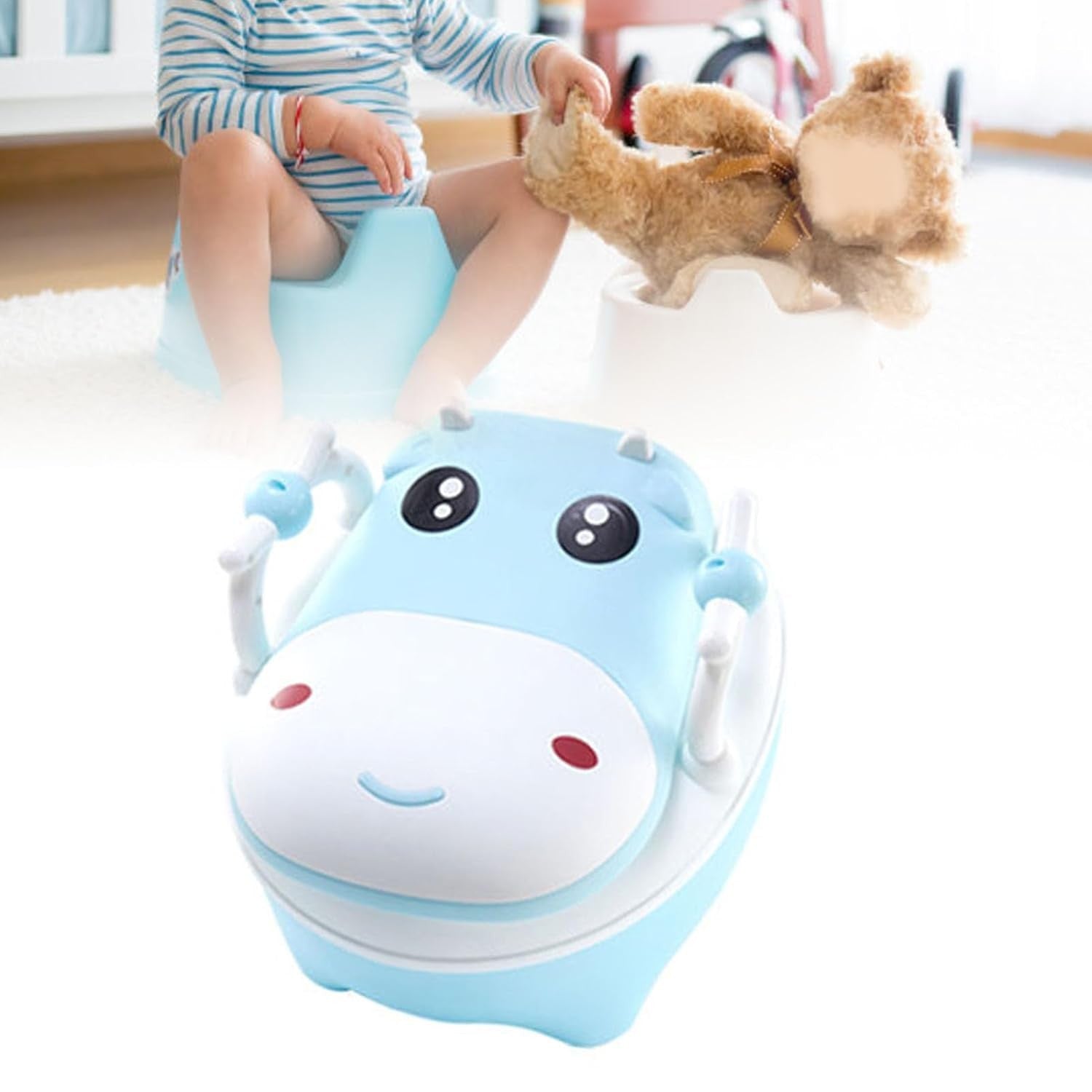 Olita pentru Copii, Kadeny, +1an, Portabila, Design Vacuta cu Capac, Model Prietenos, Non-Toxic, cu Manere, Compartiment Detasabil, Perie Inclusa, Usor de Curatat, Albastru