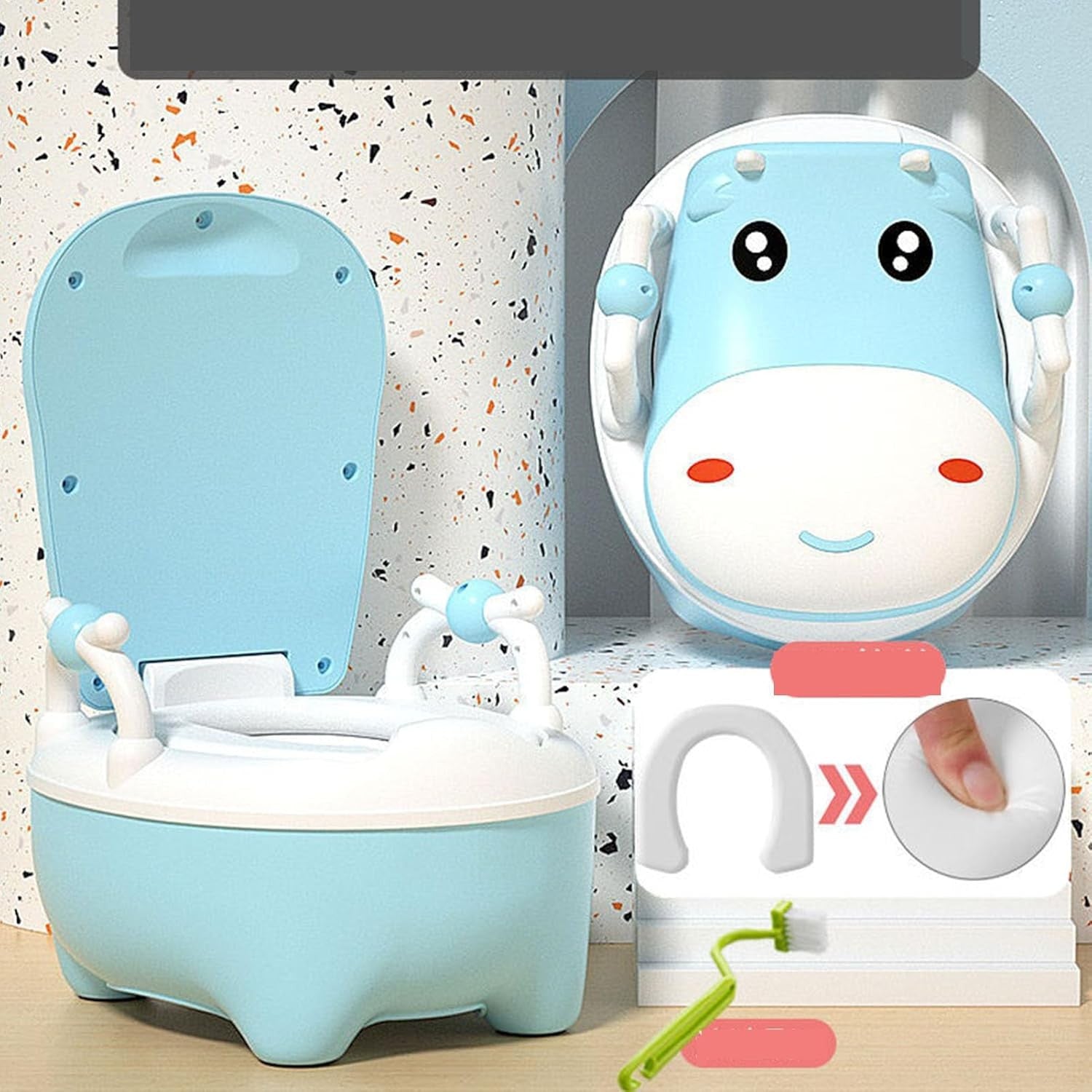 Olita pentru Copii, Kadeny, +1an, Portabila, Design Vacuta cu Capac, Model Prietenos, Non-Toxic, cu Manere, Compartiment Detasabil, Perie Inclusa, Usor de Curatat, Albastru